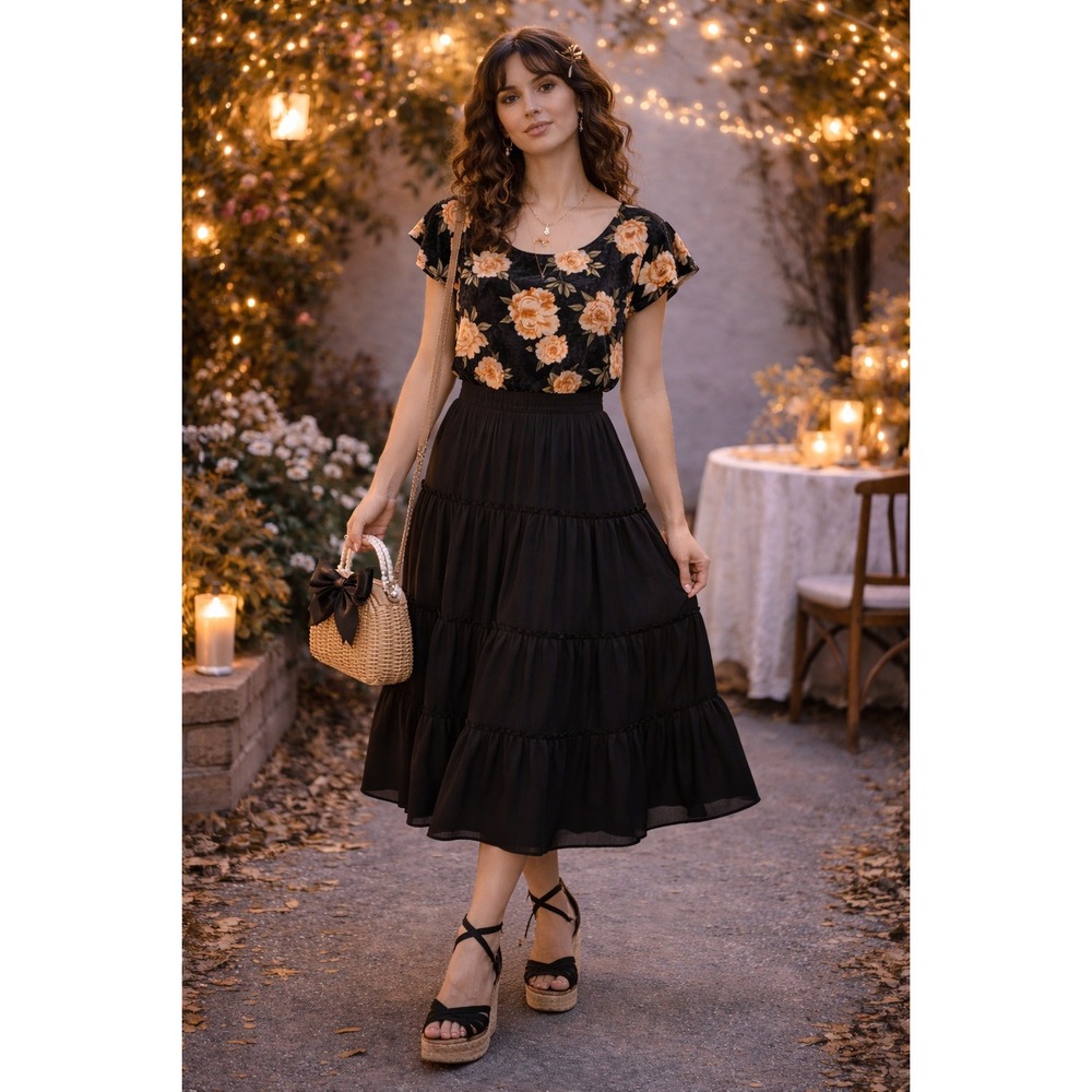 Cottagecore Romantic Sweet Floral Velvet Black Peach Yellow Ruffles Soft L Top